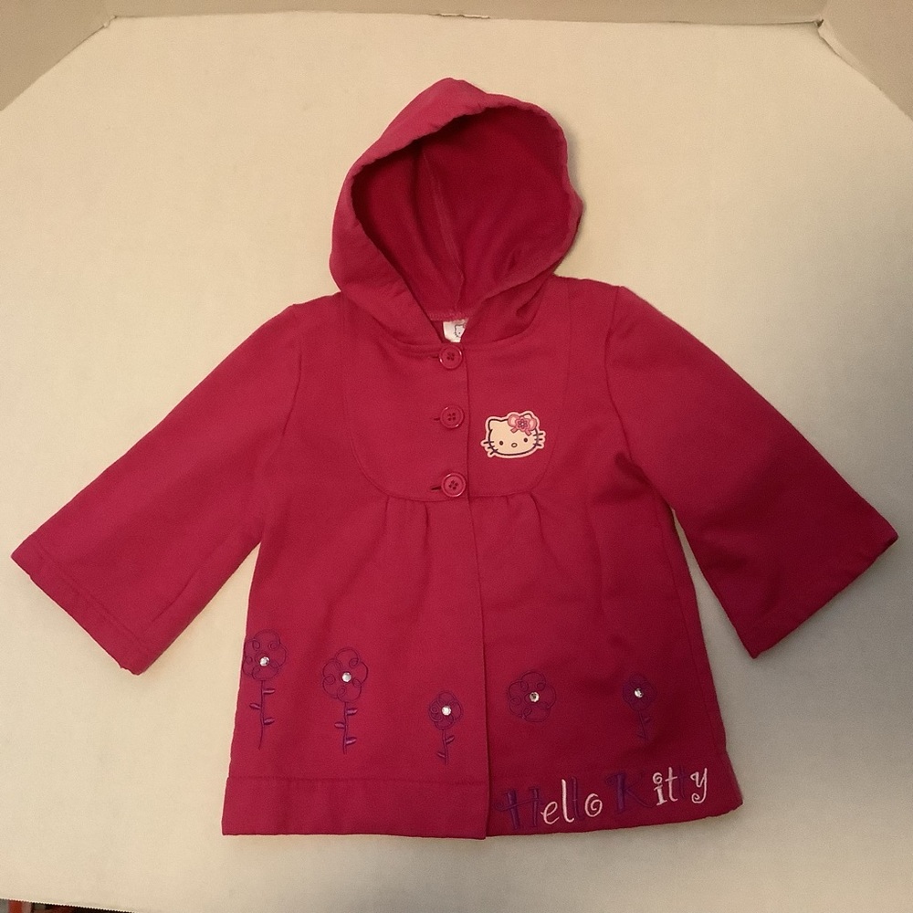 Hello Kitty Pink Hoodie Coat Dress Size 5  Button Up Logo Sequin Flowers Sanrio